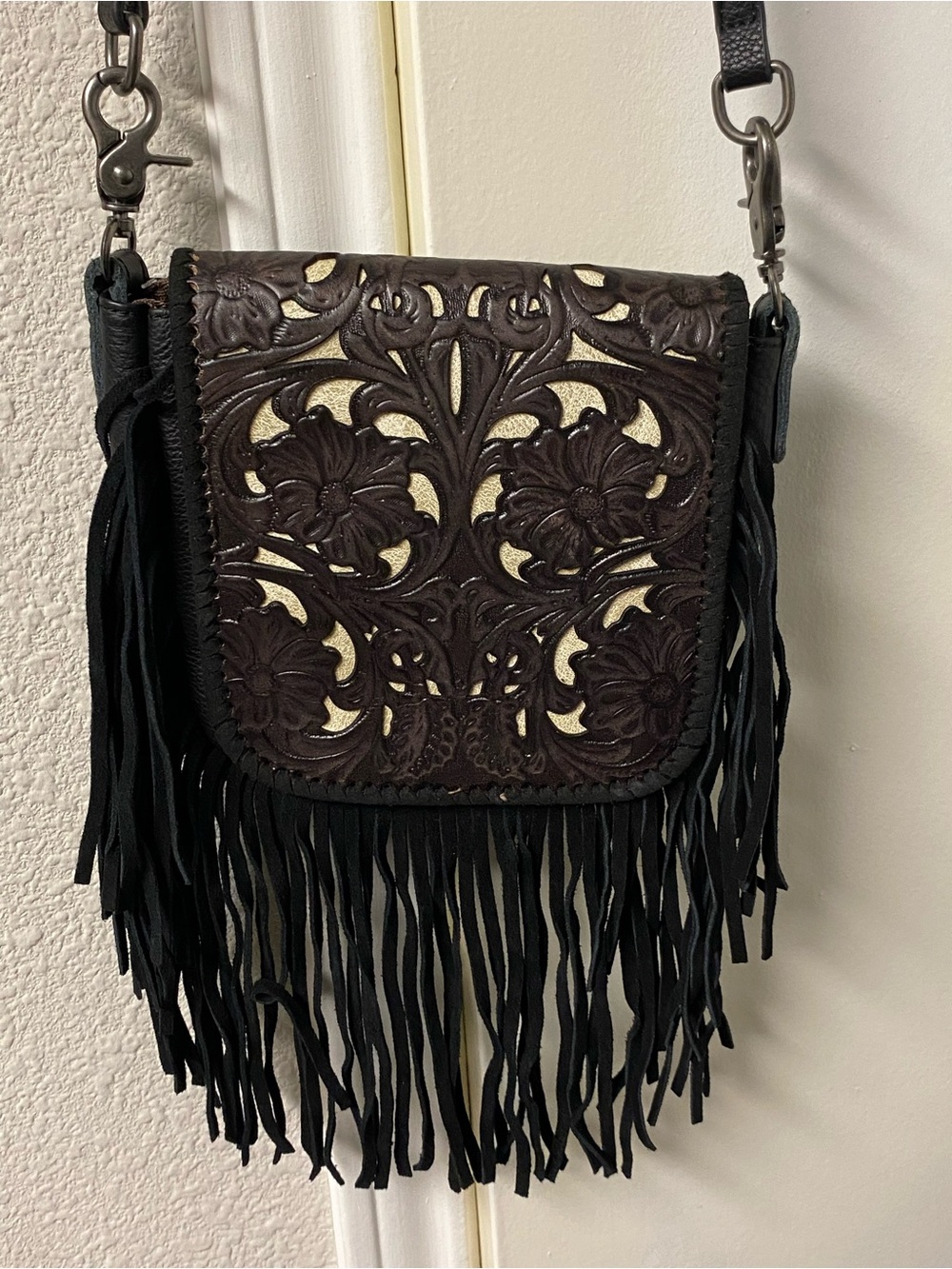 Montana West Tooled Floral Fringe Crossbody Bag - Brown
